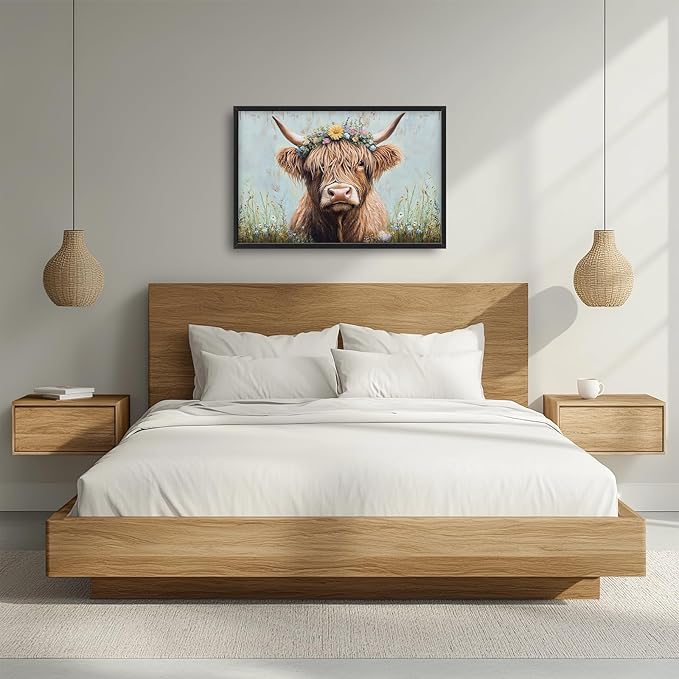 Highland Cow Framed Wall Art for Living Room, Large Cow Canvas Wall Decor, Animal Pictures Painting, Modern Artwork for Bathroom Bedroom Office 36L'' × 24W''