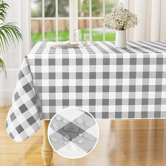 misaya Rectangle Waterproof Vinyl Table Cloth, Buffalo Flannel Backed Tablecloth, Wipeable Plastic Table Cover for Dinner, Kitchen, Outdoor (60" x 120", Grey and White)