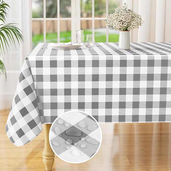 misaya Rectangle Waterproof Vinyl Table Cloth, Buffalo Flannel Backed Tablecloth, Wipeable Plastic Table Cover for Dinner, Kitchen, Outdoor (60" x 144", Grey and White)