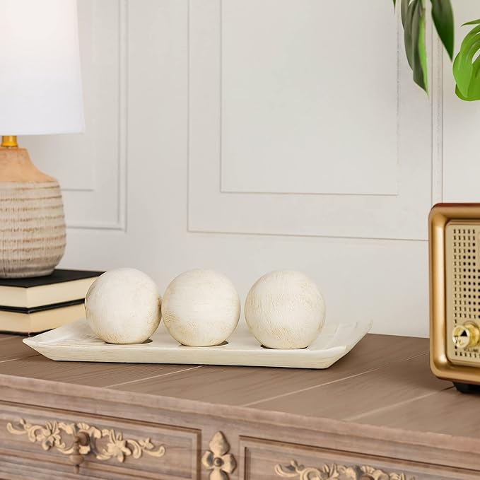 Creative Scents Rustic Luxe Decorative Tray and Orb Set - Centerpiece Table Decorations for Coffee Table Decor - Modern Farmhouse Decor - Decorative Accents Bowl with Balls for Dining Table Decor