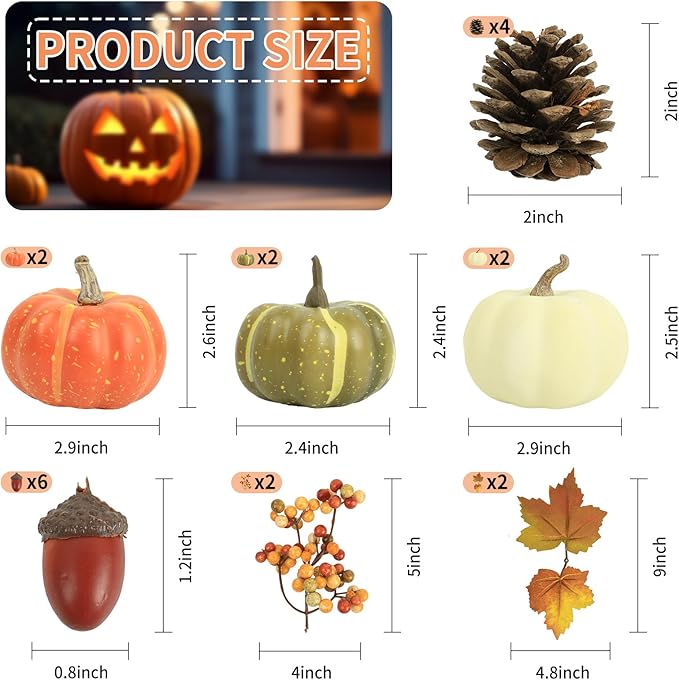 20 Pcs Realistic Fall Mini Pumpkin Decorations, Pumpkin Decor with Maple Leaves, Pine Cones, Acorns,Thanksgiving Decorations Indoor for Home Farmhouse Harvest Thanksgiving Table Decor