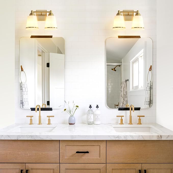 Gold Bathroom Vanity Light Fixture, 2 Light Bathroom Light Fixtures Over Mirror with Milky White Glass and Metal Base Wall Sconce,13.4 inch Modern Vanity Light for Bathroom (Exclude E26 Bulb)