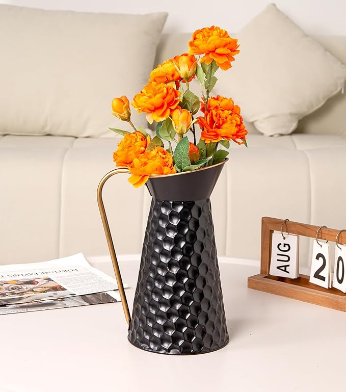 Elegant Black Metal Pitcher Vase, Farmhouse Galvanized Flower Vase, Rustic Decorative Milk Jug for Home Décor