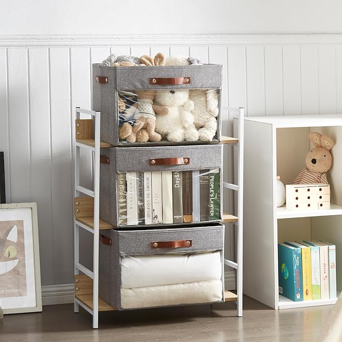 Extra Large Storage Baskets with Clear Window, See Through Closet Organizer with PU Handles, Linen Foldable Storage Bins for Organizing Clothes, Toys, Books (Gray)