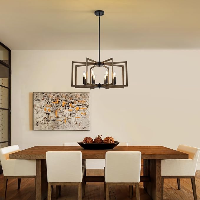 8-Light Metal Geometric Chandelier，Large Kitchen Pendant Lighting Over Island，Farmhouse Dining Room Light Fixture，Wood Grain Finish and Black Modern Chandelier