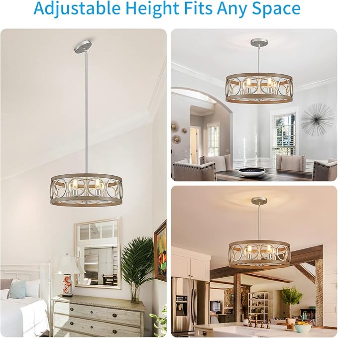 XINGQI Rustic Chandelier Brushed Nickel, Drum Chandeliers for Dining Room Modern Light Fixture Over Table Farmhouse Metal Wood Grain Pendant 5 Lights