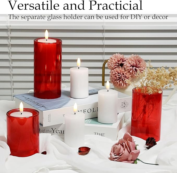 NURADA Flameless Candles with Remote Timer - Glass Real Wax 3D Wick LED Pillar Votive Candle Set Battery Operated Flickering Light for Christmas Home Wedding Party Decoration -Red 3 Pack