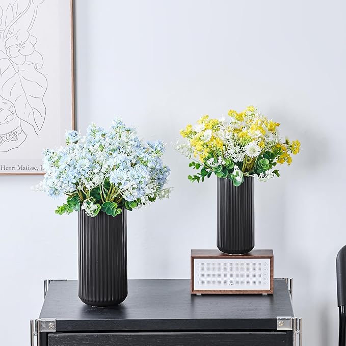 Black Ceramic Flower Vase for Pampas Grass, 8 inch Small Decorative Centerpiece Ribbed Vase for Dining Table, Office Desktop, Shelf Bookshelf, Mantel, Entryway, Bathroom, Countertop, Farmhouse, Gift