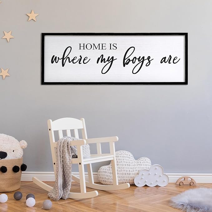 Home is Where My Boys are Sign Framed Wall Art, 40''×15'' Rustic Horizontal My Son Plaque with Black Frame for Baby Kid Boy Son Teen Toddlers Room, Horizontal Mom of Boys Gifts Nursery Decor