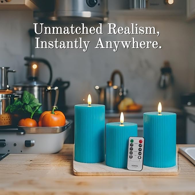 VENTA Turquoise Flameless Pillar Candles, Set of 3 (4" 5" 6") | Realistic Flickering Teal LED Candles with Remote & Timer | Perfect for Coastal, Boho & Modern Home Decor