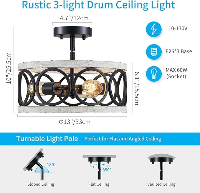 XINGQI Modern Farmhouse Ceiling Light Drum 3-Light Farmhouse Ceiling Lighting Fixture White Wood Grain Finish Semi Flush Mount Ceiling Lights 13” Metal Round Ceiling Lamp for Bedroom Entryway