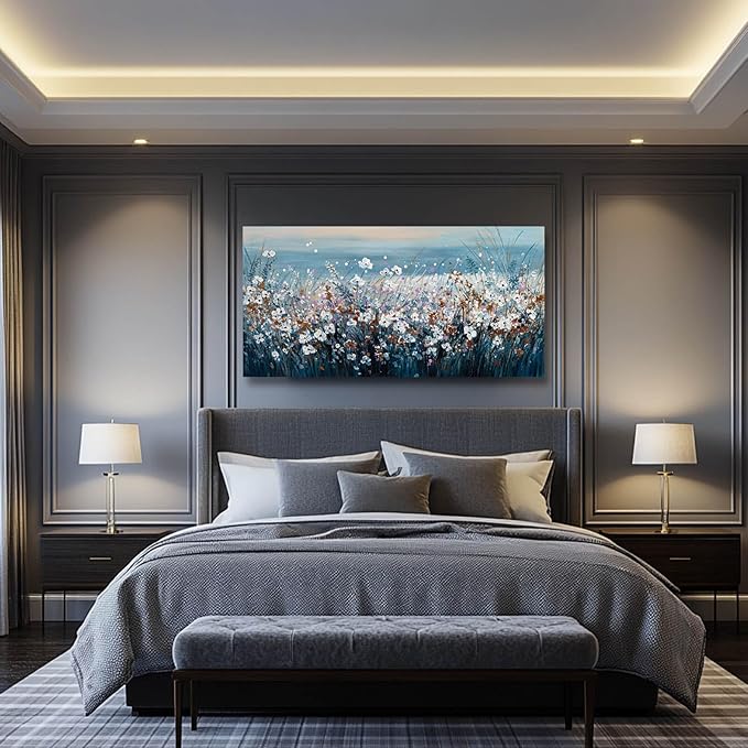 GAIDUOMAI Wildflowers Canvas Wall Art for Bedroom Blue Lake Wall Hanging Artwork Nature Colorful Wall Paintings for Living Room Dining Room 24"x48"