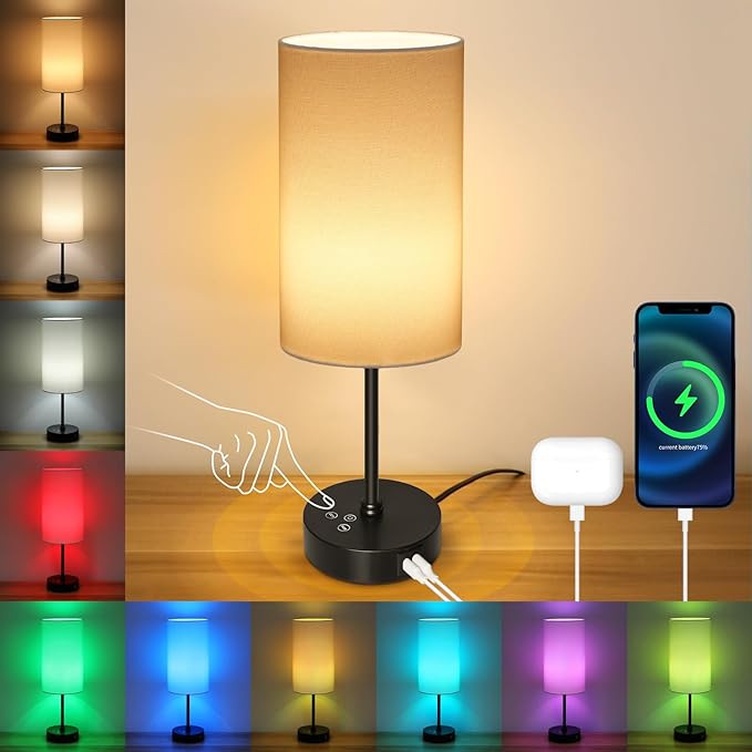 Unicozin Table Lamp, 3 CCT 3000K/4500K/6500K & RGB Color Changing, Stepless Dimmable, 17Inch Bedside Lamp for Reading, Ambience Nightstand Light for Home Decor Party, Cream Shade