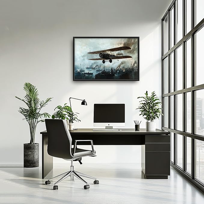 Flintis Large old Biplane Framed Wall Art Vintage Aircraft Pictures Wall Decor Abstract Airplane Poster Canvas Painting Print Artworks Framed for Living Room Bathroom Master Bedroom 36L X 24W