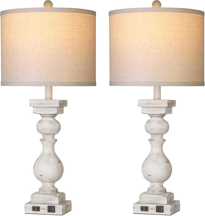 28" Tall Farmhouse Table Lamps Set of 2 with USB C+A Ports and AC Outlet, 3 Way Touch Tall Rustic Bedside Lamps for Living Room, Off White Vintage Lamps for Bedroom Nightstand