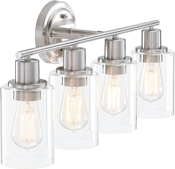Brushed Nickel 4-Light Bathroom Light Fixture Over Mirror Sink, 4-Light Bathroom Vanity Lights Brushed Nickel Vanity Wall Sconce for Mirror