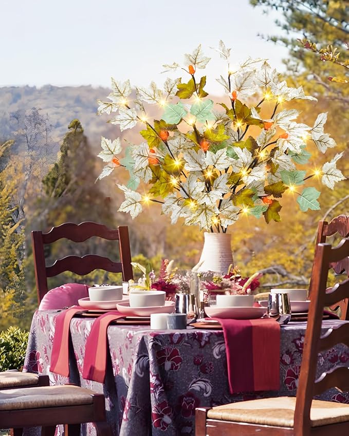 3 Pack Artificial Fall Maple Leaves Stems with 15 Acorn 60 LED Lights Battery Operated Lighted Autumn Maple Branches for Vases Fall Home Thanksgiving Table Decoration