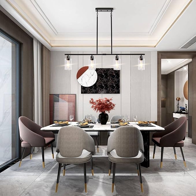 Kitchen Island Lighting, 4 Lights Linear Chandeliers Pendant Light Fixtures for Dining Room Farmhouse Hanging Light with Glass Shades(Black)