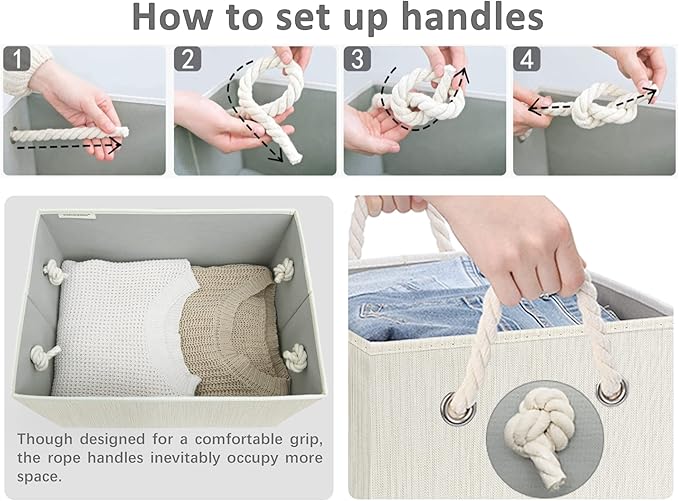 StorageWorks Storage Bins with Lids, Decorative Storage Boxes with Lid and Soft Rope Handles, Foldable Storage Baskets for Closet, Shelves, Stackable, 3-Pack, Ivory and White, Jumbo