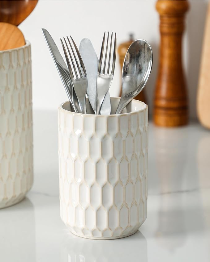 Utensil Holder, 7.3"+5.4" Ceramic Kitchen Utensil Holder for Countertop, Large Cooking Utensil Crock for Kitchen Counter, Set of 2, Beige