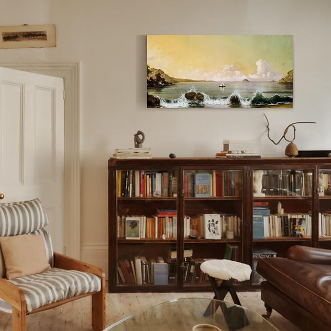 crmotu Large Landscape Wall Art, Beach Sunrise Dawn Vintage Painting, Bay Sailboat Scenery Art Prints, Coastal Wave Aesthetic Canvas Wall Decor Living Room Bedroom, Retro Nautical Pictures 20"X40"