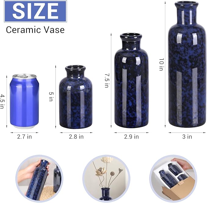 Small Blue Ceramic Vase Set of 3, Boho Modern Flower Vase Room Decor, Farmhouse Decor, Vases for Your Kitchen, Bathroom, Bedroom, Living Room, Office&Shelf Centerpiece Table Decorations