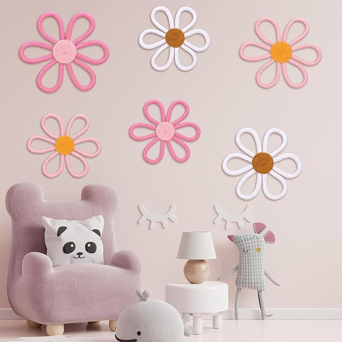 Barydat 6 Pcs Boho Nursery Decor Daisy Flower Woven Macrame Wall Hanging 3 Size Daisy Flower Wall Decor Bohemian Nursery Decorations for Home Dorm Art(Cute Color)