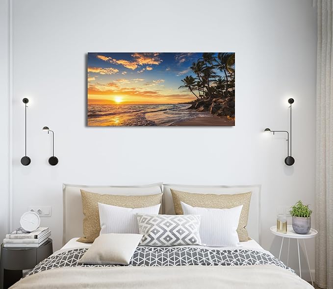 Sunset Beach Canvas Wall Art - Tropical Island Beach Pictures Natural Beauty Scene Wall Decor Coastal Ocean Waves Painting Coconut Trees Canvas Print Artwork Home Office Decoration 20" x 40"
