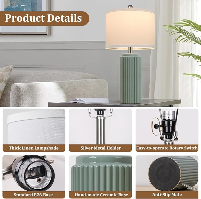 TOBUSA 23.5’’ Modern Green Ceramic Table Lamps Set of 2 for Living Room, Farmhouse Ceramic Bedside Nightstand Lamps for Bedroom, Vintage Decorative Boho Lamps for Home End Table Dorm Office