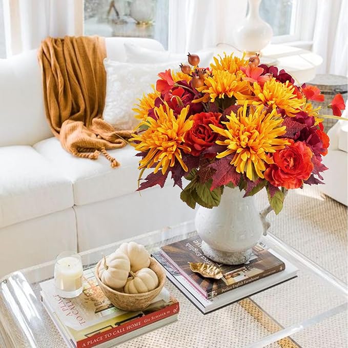 2 Bundles Artificial Fall Flowers Mixed Bush Artificial Chrysanthemum with Fake Roses Autumn Faux Flowers for Cemetery Grave Home Office Wedding Floral Arrangements Decor (19.29")