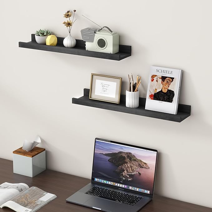 Picture Ledge Shelf for Wall, 24 inch Solid Pine Wood Nursery Book Shelves 2 Packs, Floating Ledge Shelves for Kids' Room Bedroom Bathroom Living Room Photo Frames Office Nursey Wall Decor, Black