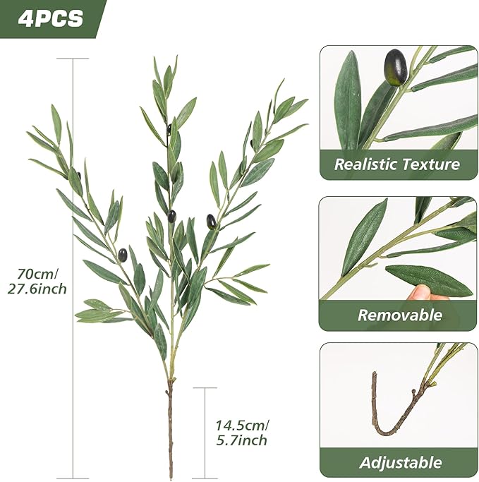 Faux Plants Olive Leaves Stems Artificial Plants Olive Tree Branches for Small Vase Tabletop Greenery Decor for Home Decor Office Wedding Party Decor 27.5” （4pcs）