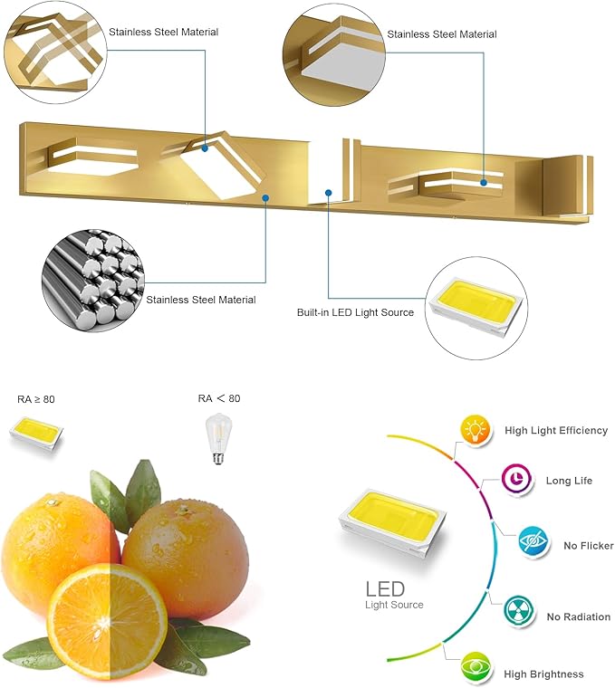 SineRise LED Modern Bathroom Vanity Light Fixtures (5-Light, 40-Inch, Dimmable), Brass Modern Acrylic Bathroom Wall Lighting Fixtures Over Mirror (Cool White 6000K)