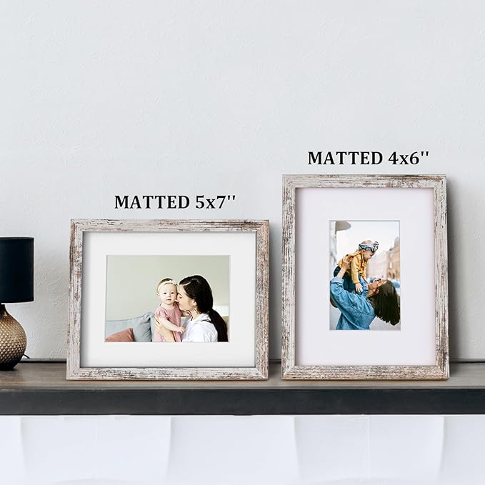 Egofine 8x10 Picture Frames Set of 4, Made of Solid Wood Covered by Plexiglass 4x6 and 5x7 with Mat or 8x10 without Mat, for Table Top Display and Wall Mounting Photo Frame Rustic White