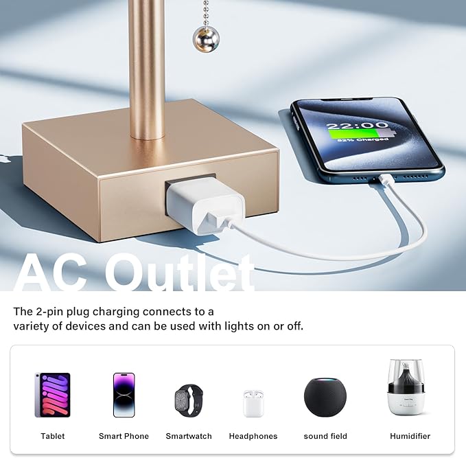 Gold Bedside Table Lamps for Bedroom Set of 2 - Small Rectangular Nightstand Lamp with AC Outlet Charging Port, 3 Color Temperatures Desk Light, Tabletop Reading Lamp for Living Room/Dorm/Office