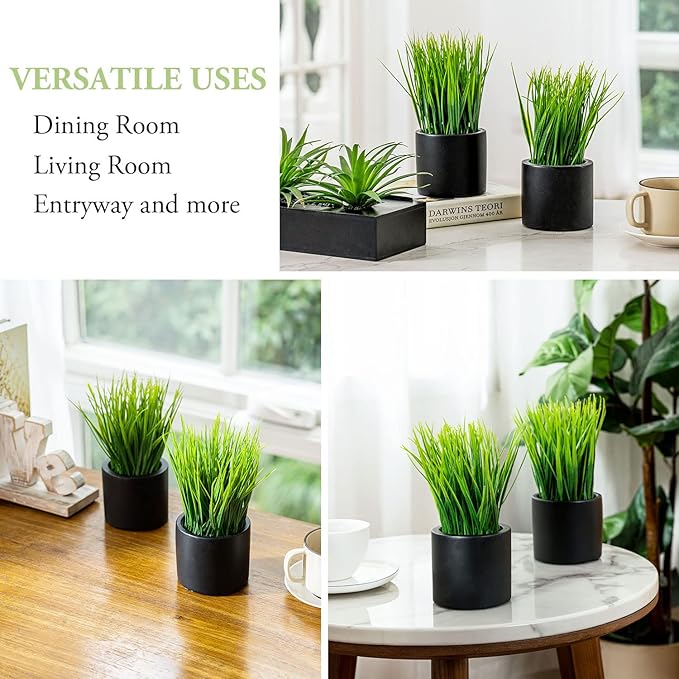 MyGift Tabletop Artificial Grass Plants Decorative Faux Greenery Plant Potted in Modern Cylindrical Black Cement Pots, Set of 2