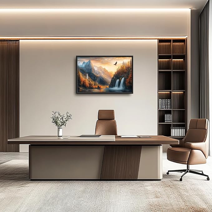 Framed Large Wall Art for Living Room, Mountain Waterfall Canvas Wall Decor, Sunset Forest Tree Pictures Painting, Modern Artwork for Bedroom Office 36L'' × 24W''