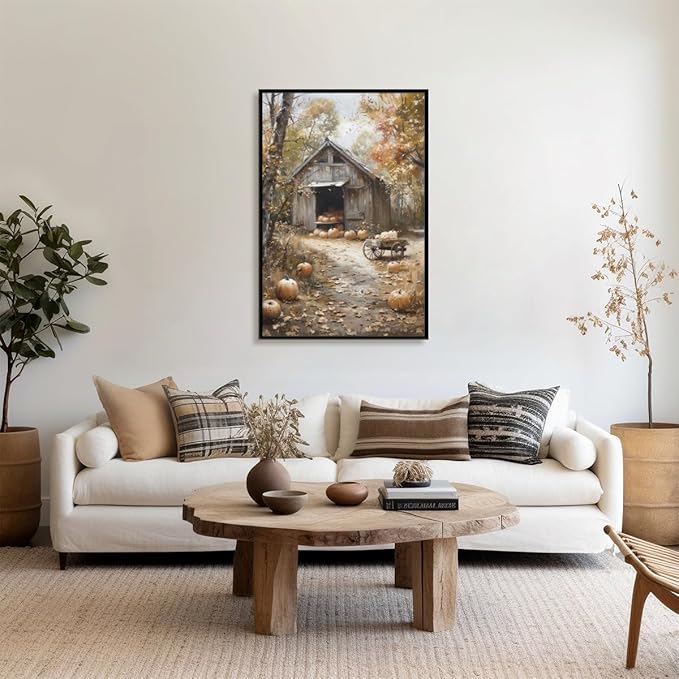 Fall Canvas Wall Art Farmhouse Pumpkin Barn Posters Retro Countryside Fall Pictures Prints Farmhouse Wall Decor for Home Living Room 8x12inch black framed