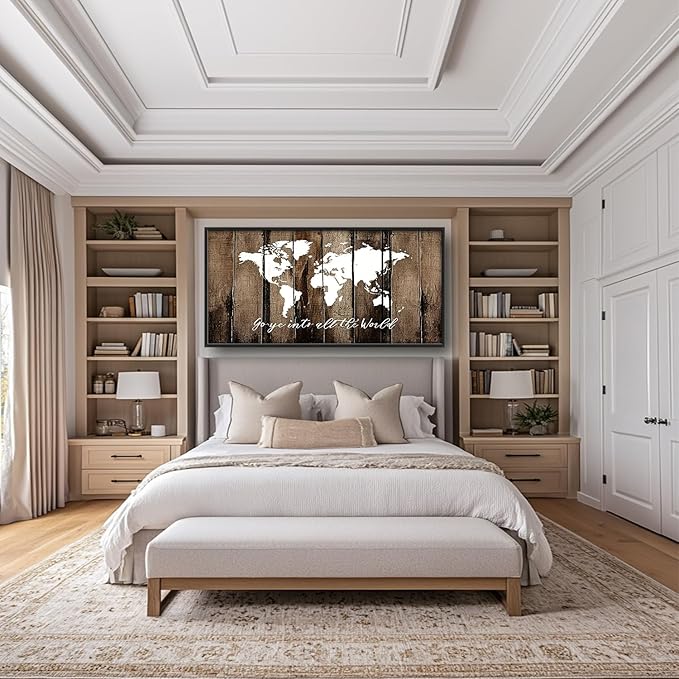 Flintis Large World Map Wall Art Go Ye Into All The World Pictures Wall Decor Abstract Canvas Painting Print Artwork Decoration Framed for Living Room Bathroom Master Bedroom Office 60L x 30W