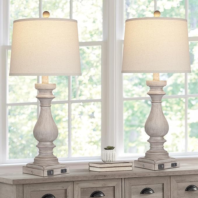 27.5" Farmhouse Table Lamp for Living Room Set of 2,Vintage Bedside Lamps with USB C+A Ports & AC Outlet,3-Way Dimmable Touch Control Gray Washed Finish Nightstand for Bedroom, Gray