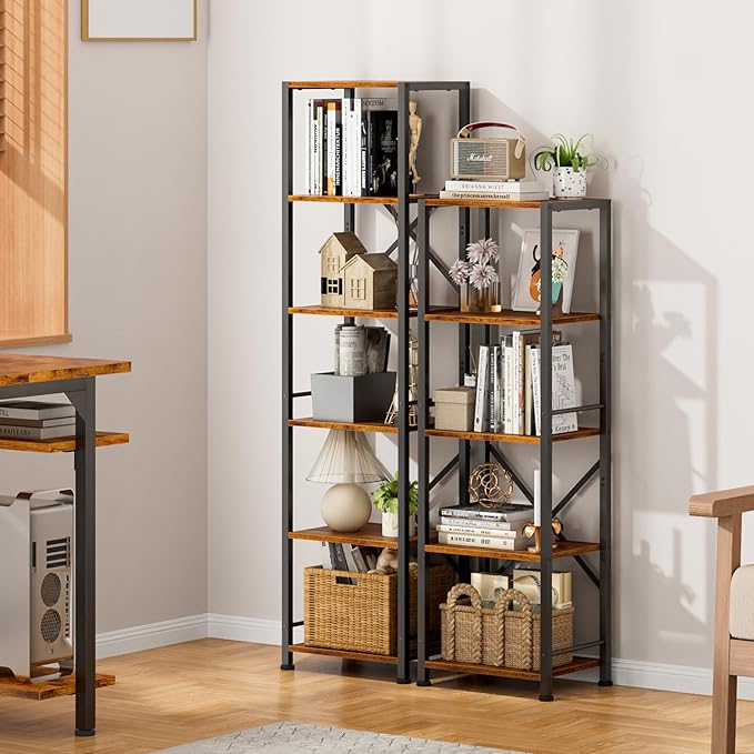 Furologee 5 Tier Tall Bookshelf, Rustic Narrow Bookcase, Display Standing Shelf Units, Metal and Wood Storage Shelves Organizer for Bedroom, Living Room, Home Office, Entryway, Kitchen, Rustic Brown