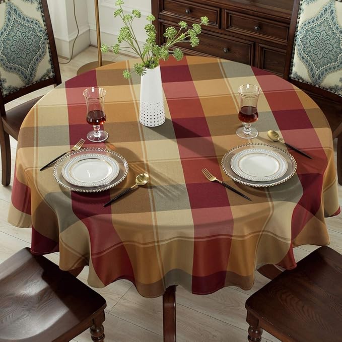Round Tablecloth Checkered Style Polyester Table Cloth Dust-Proof Wrinkle Resistant Heavy Weight Table Cover for Kitchen Dinning Tabletop Decoration (Round,70" (4-6 Seats), Red)