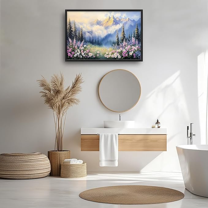 Framed Large Wall Art for Living Room, Forest Mountain Canvas Wall Decor, Flowers Tree Pictures Painting, Modern Landscape Artwork for Bedroom Office 36L'' × 24W''