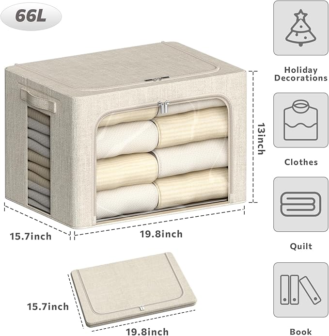 4 Pack Clothes Storage Bins with Metal Frame - 66L Stackable Storage Box with Lid，Foldable Storage Container Organizer for Clothes，Linen Fabric Storage Box with Clear Window＆Zippers＆Handles