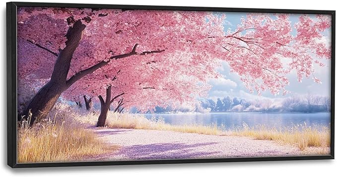 Cherry Blossoms Large Framed Wall Art Pink Tree of Life Pictures Oversized Natural Lake Landscape Wall Decor Spring Canvas Print Painting Modern Artwork for Living Room Bedroom Office Dining Room Home Decor 60L"x30W"