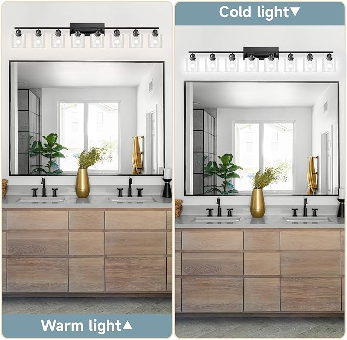 8 Light Black Bathroom Light Fixtures Over Mirror, Modern Bathroom Lighting with Clear Glass,51 inch Lights for Vanity for Oversized Mirrors, E26 Base