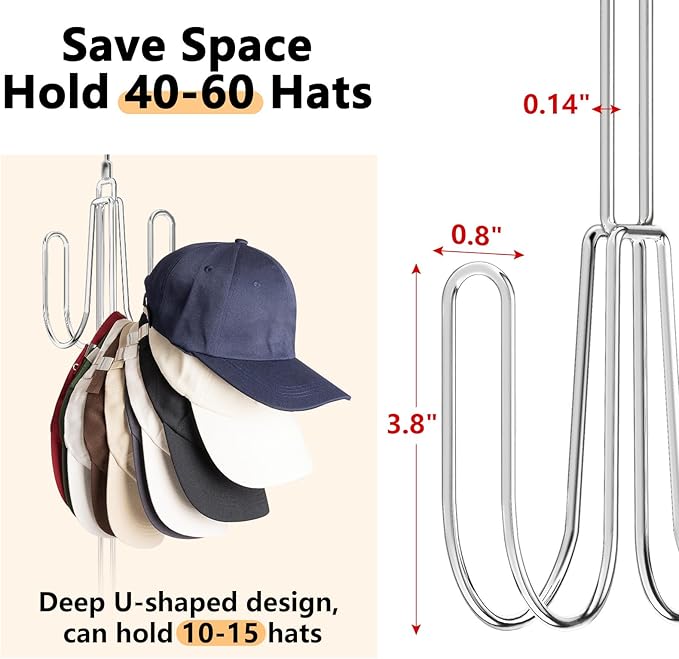 Hat Hangers for Closet, 1 Pack Stainless Steel Hat Organizer, Hat Racks for Baseball Caps, Cap Organizer for Baseball Caps, Silvery