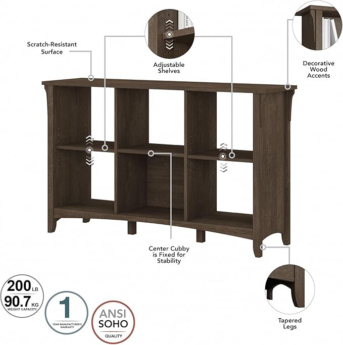 Bush Furniture Salinas 6 Cube Organizer in Ash Brown, Office Storage Solution, Home Organizer with Open Shelving, Compact Unit for Books and Supplies