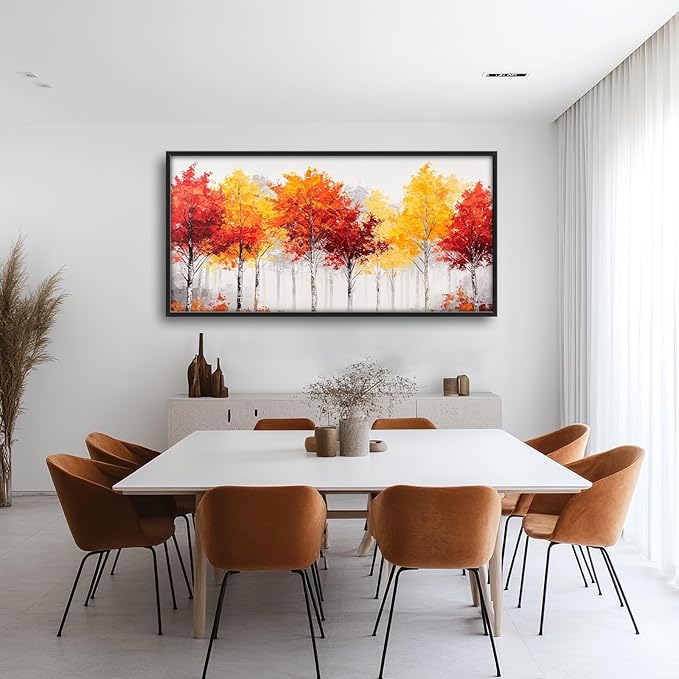 Fall Forest Framed Wall Art for Living Room, Large Red Trees Canvas Wall Decor, Red Leaf Landscape Pictures Painting, Modern Artwork for Living Room Bedroom 60L'' × 30W''