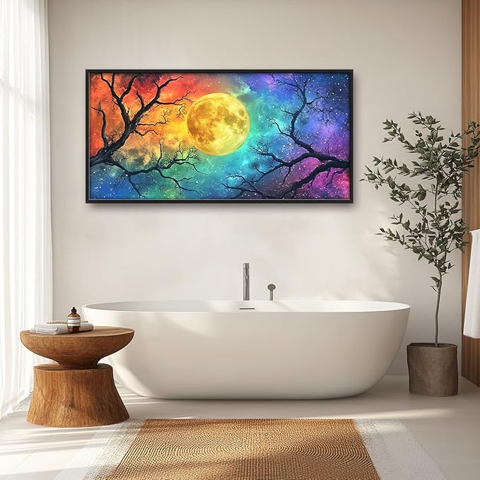 Extra Large Framed Abstract Moon Wall Art,Oversized Colorful Starry Night Tree Branch Wall Decor Pictures for Living Room,Canvas Print Painting Modern Artwork Bedroom Office Bathroom 60L x30W